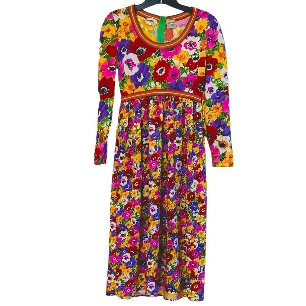 Goldworm Vintage 60s Anemone Vibrant Rainbow Floral Long Sleeve Dress Sz 12